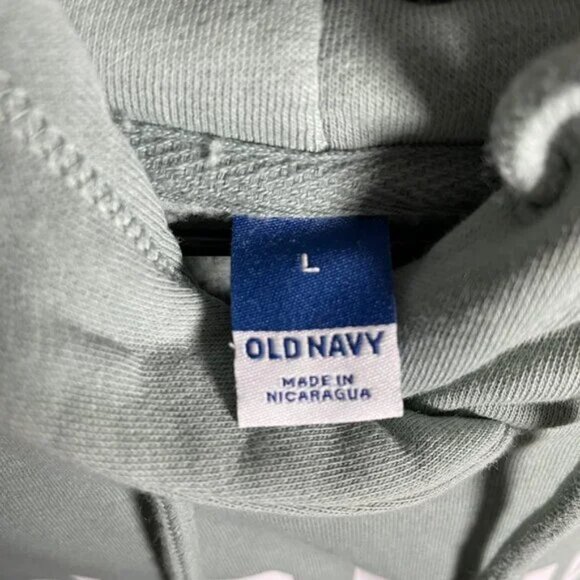 Old Navy Mens Pullover Fleece Hoodie Size Large Sage Green Spell Out Y2K Pocket - Picture 3 of 6